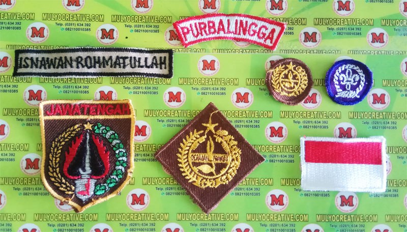 bed pramuka, emblem pramuka, tanda pandu dunia, bordir propinsi, bordir nama id, dan bordir emblem pramuka lainnya